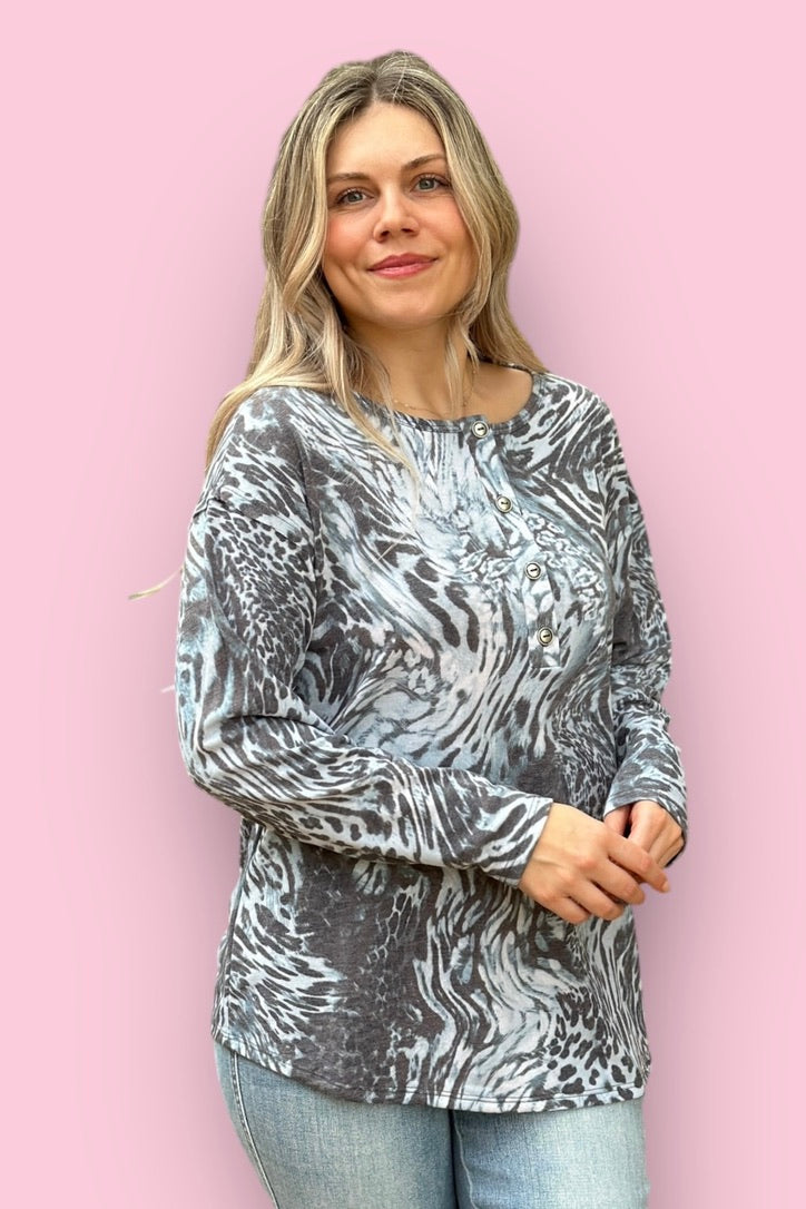 Button Grey Animal Print Top