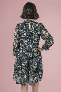 Floral Smocked Yoke Tiered Dress - Black