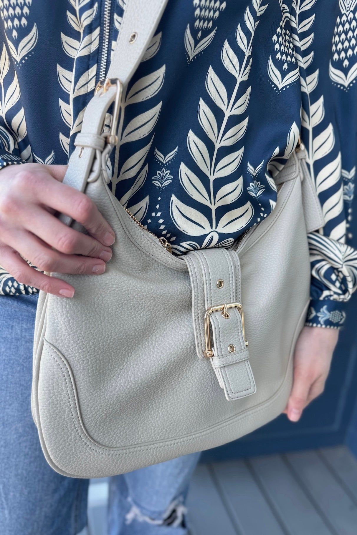 Marissa Buckle Shoulder Hobo Bag - Beige