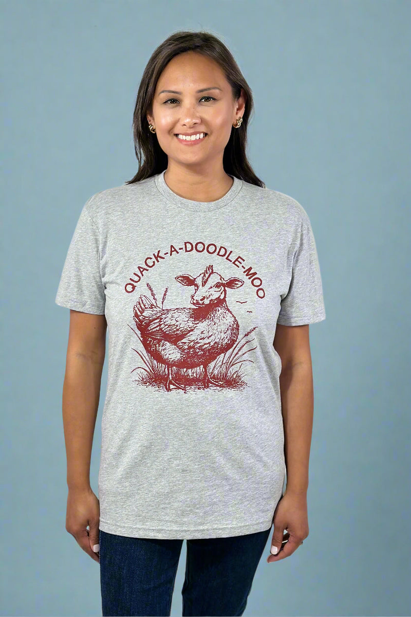 Duck Chicken Cow Graphic Tee - Grey
