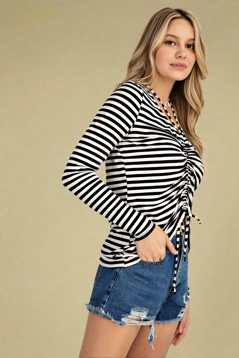 Ruched Long Sleeve Top with Halter Strap Black