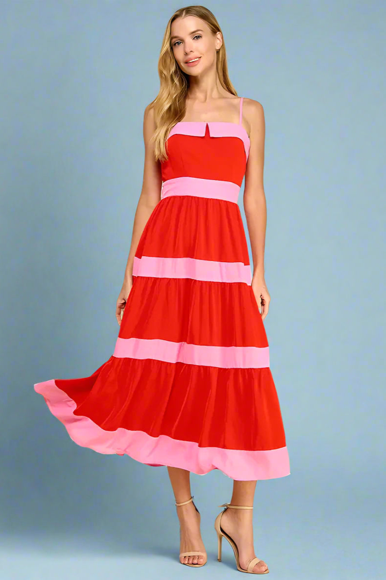 Tiered Bow Back Midi Dress - Red
