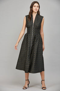 V-Neck Front Zip Midi Dress - Black