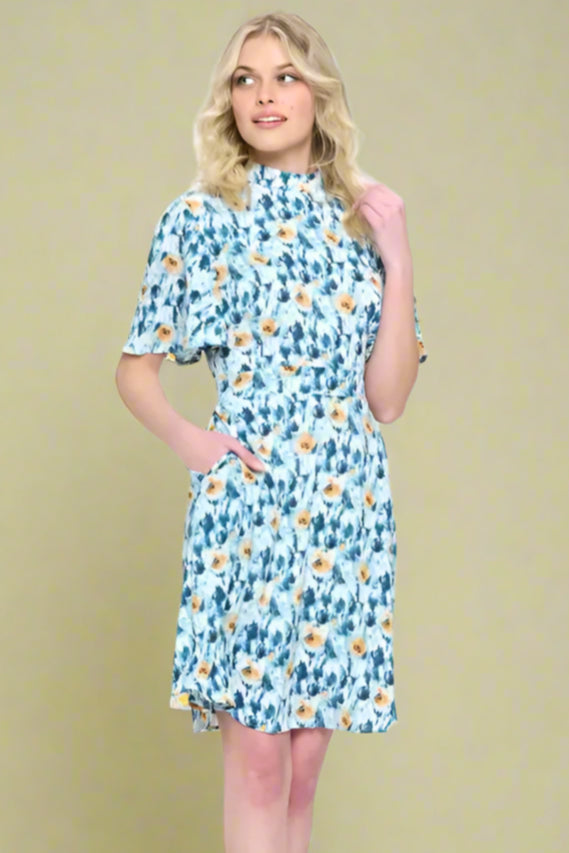 Flutter Sleeve Floral Print Dress - Blue