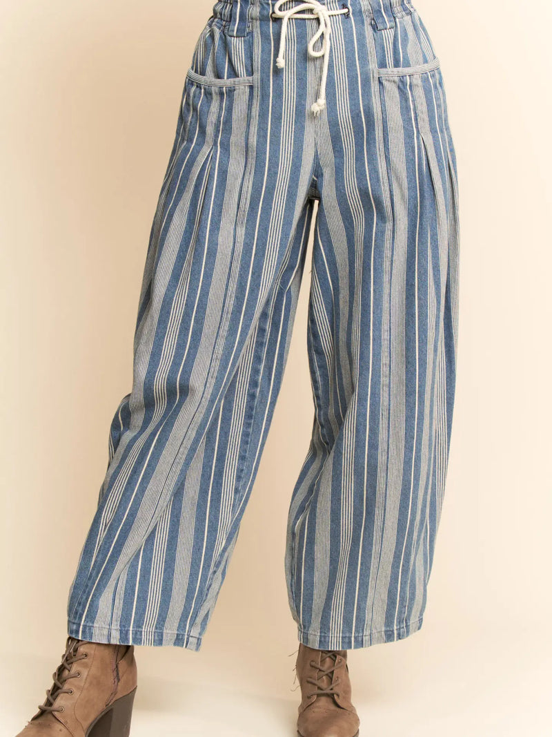 Striped Elastic Jean Pants - Light Blue