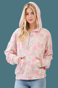 Floral Ribbed Quarter-Zip Hoodie