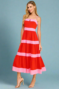 Tiered Bow Back Midi Dress - Red