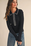 Collared Ribbed Sweater With Contrast Stitch