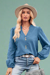 V-Neck Button Detail Blouse - Blue