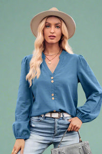 V-Neck Button Detail Blouse - Blue