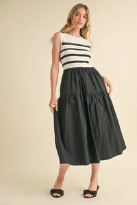 Mixed Media Striped Midi Dress - Black