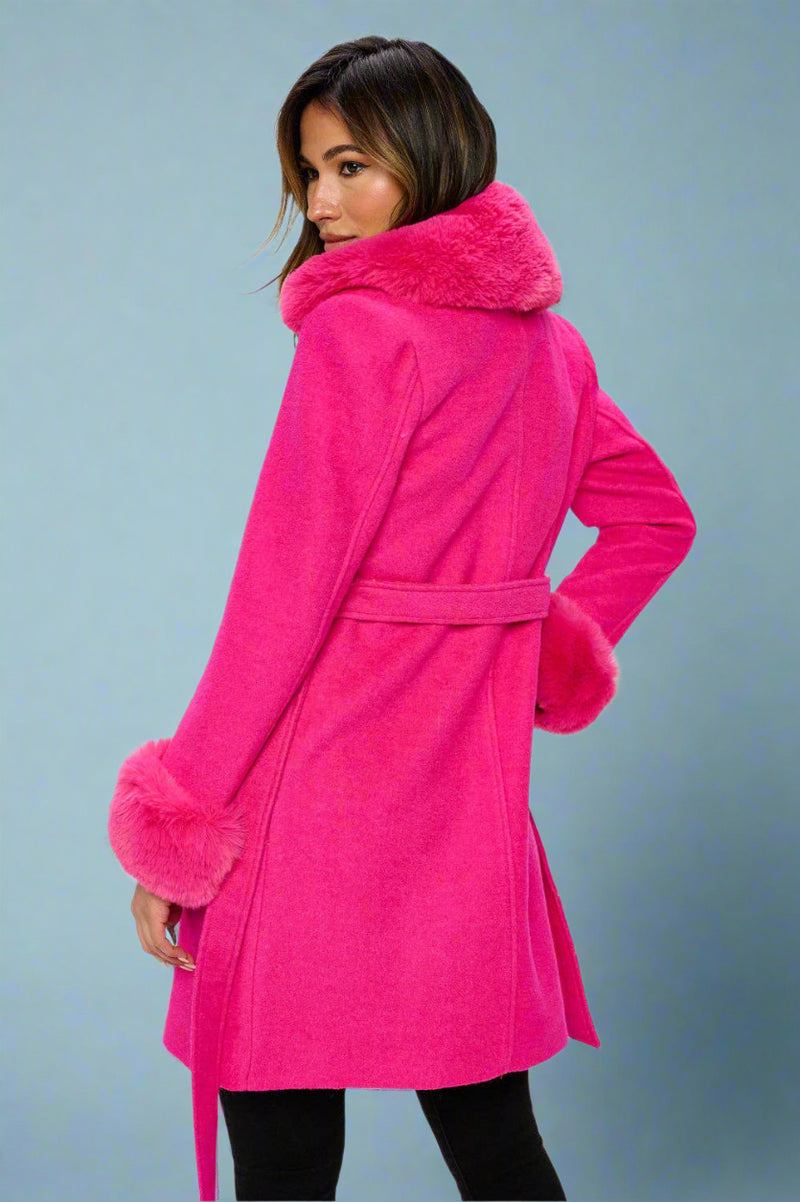 Faux Fur-Trimmed Belted Coat - Hot-Pink