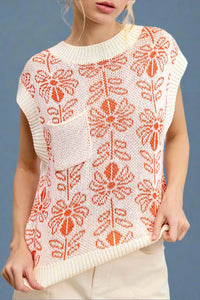 Floral Sleeveless Sweater Vest Top - Orange