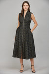 V-Neck Front Zip Midi Dress - Black