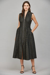 V-Neck Front Zip Midi Dress - Black