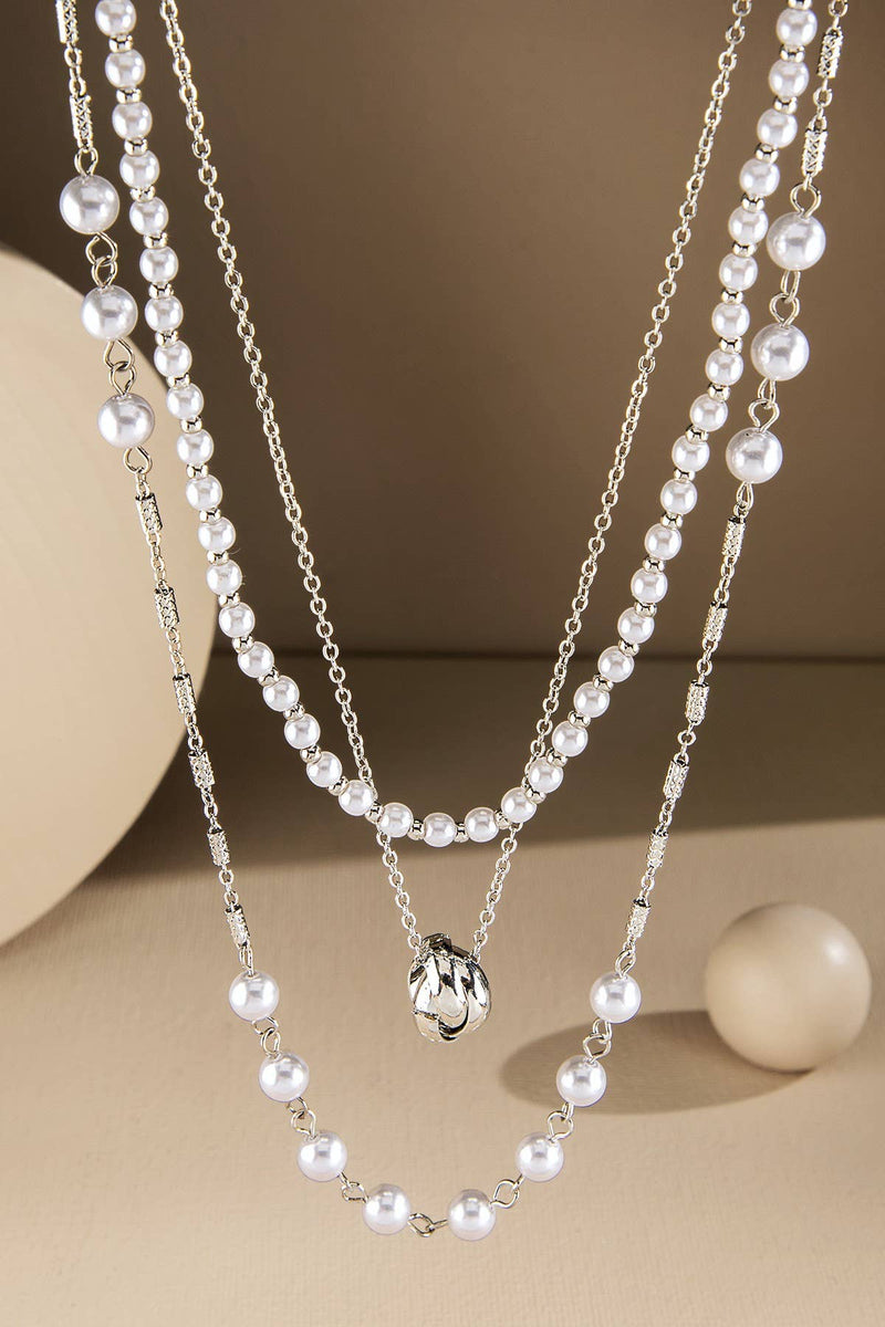 Triple Layer Pearl Chain Link Necklace - Silver