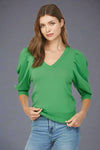 Puff Sleeve V Neck Sweater - Green
