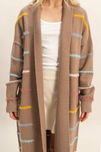 Striped Open Front Long Cardigan - Mocha