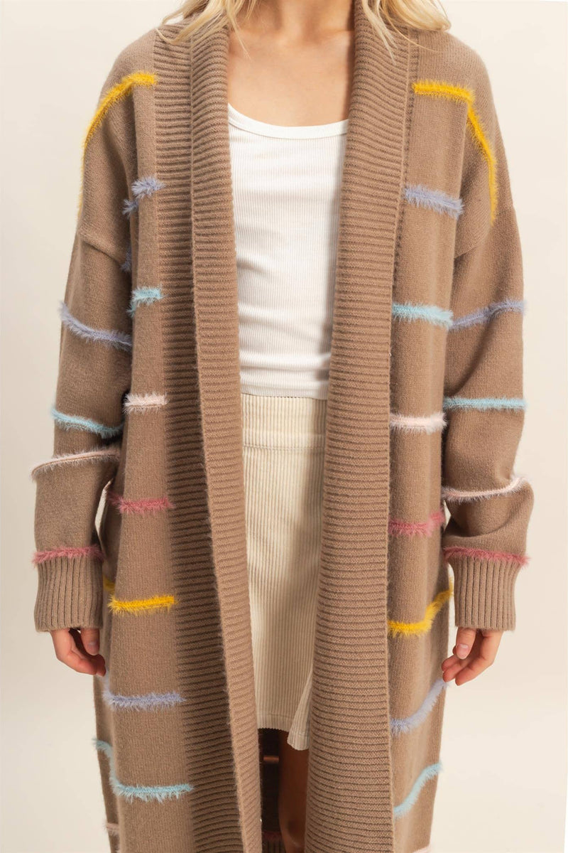 Striped Open Front Long Cardigan - Mocha