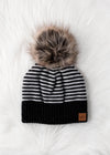 Dk. Gray & White Striped Pom Hat