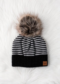 Dk. Gray & White Striped Pom Hat