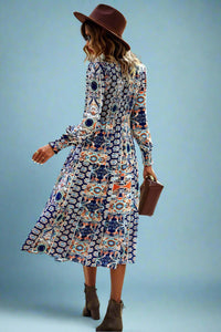 Paisley Smocked Midi Dress - Navy