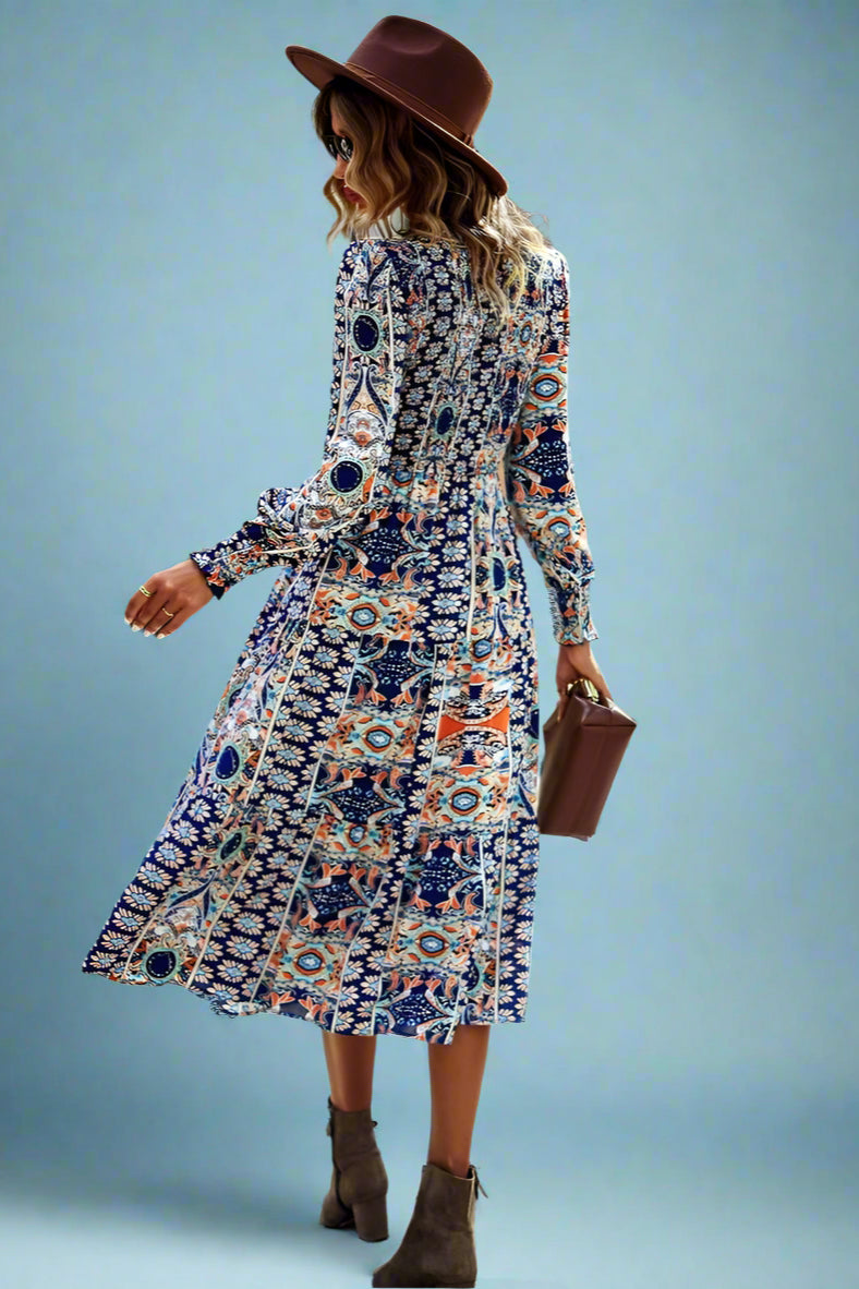 Paisley Smocked Midi Dress - Navy