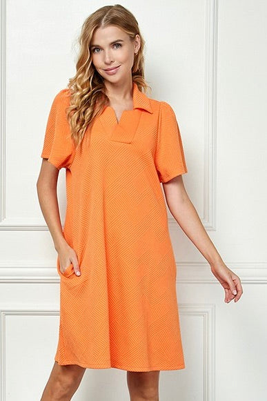 Textured Collared Dress - Tangerine See And Be Seen Pockets Orange