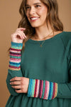 Waffle Knit & Multi Color Trim Top - Emerald Green