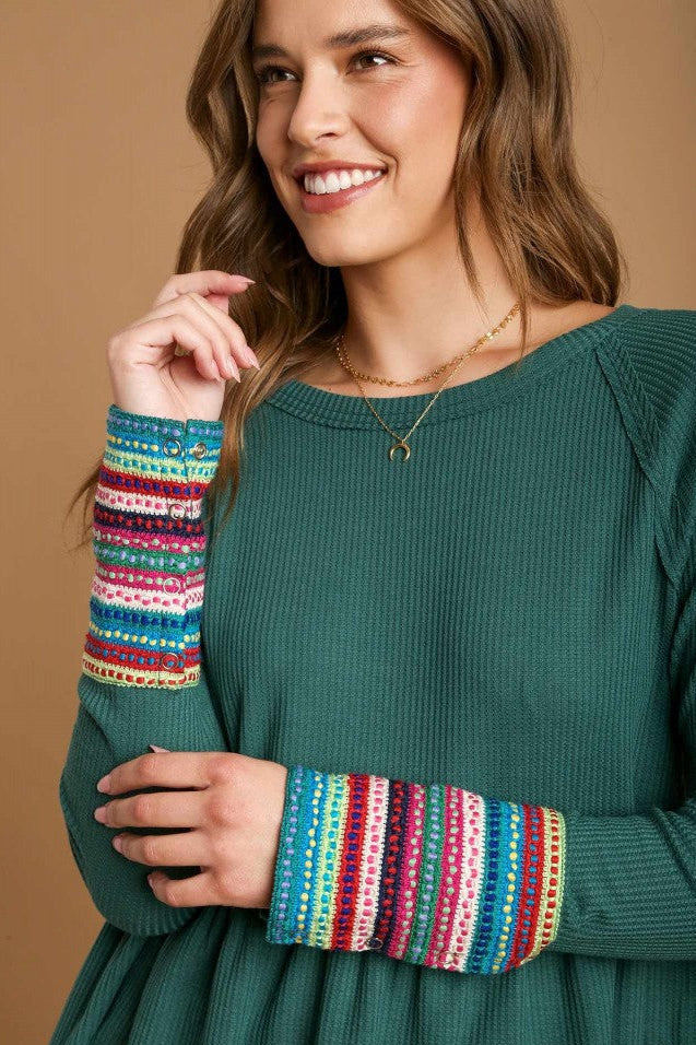 Waffle Knit & Multi Color Trim Top - Emerald Green