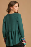 Waffle Knit & Multi Color Trim Top - Emerald Green