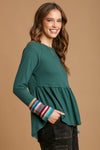 Waffle Knit & Multi Color Trim Top - Emerald Green