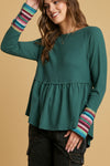 Waffle Knit & Multi Color Trim Top - Emerald Green