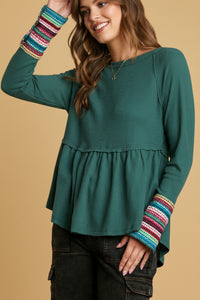 Waffle Knit & Multi Color Trim Top - Emerald Green