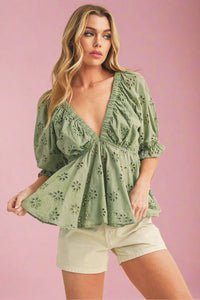 Hazle Eyelet Embroidered Top - Sage