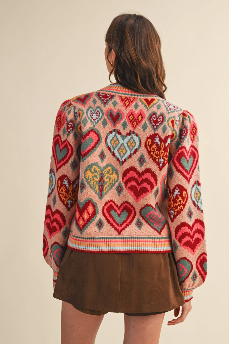 Heart Pattern Pullover Sweater - Pink