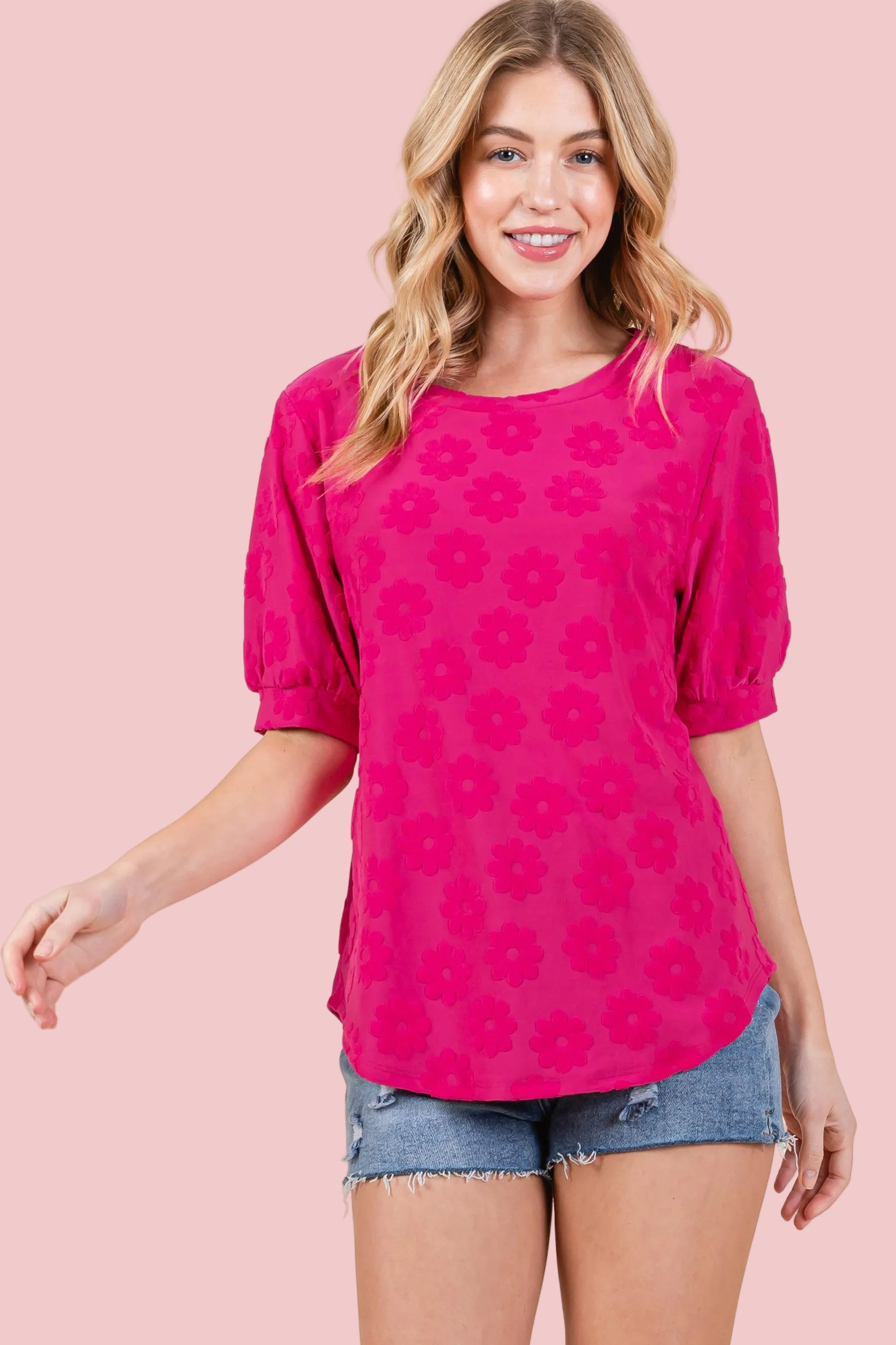 Daisy Embroidered Puff Sleeve Top - Fuchsia