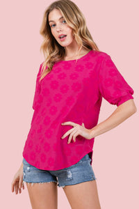 Daisy Embroidered Puff Sleeve Top - Fuchsia