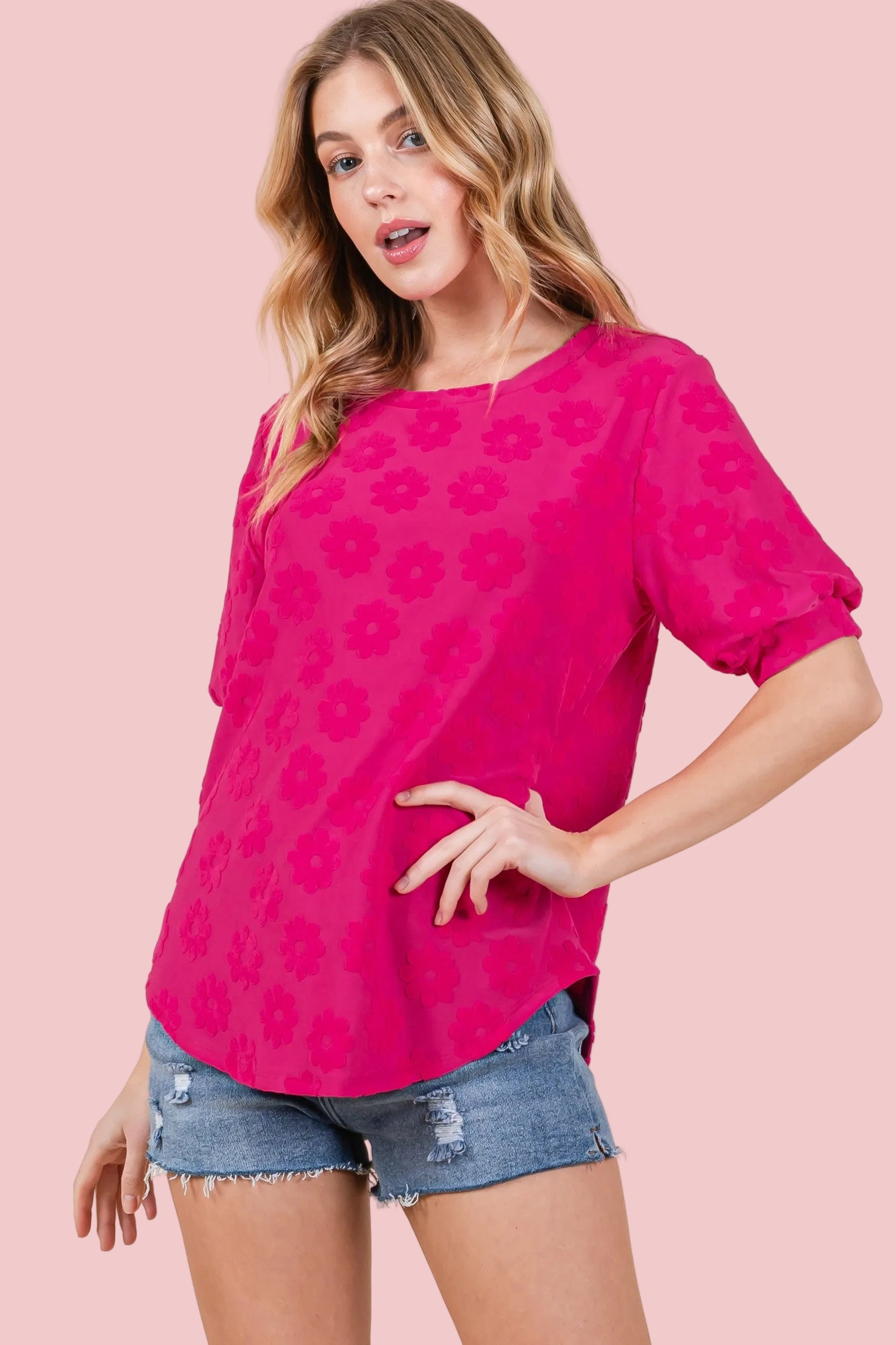 Daisy Embroidered Puff Sleeve Top - Fuchsia