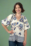 Bubble Sleeve Border Printed Top - Navy