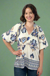 Bubble Sleeve Border Printed Top - Navy