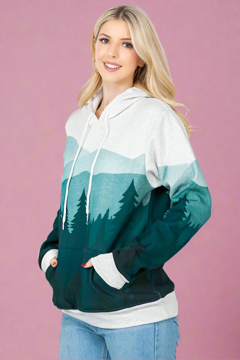 Forest Print Hooded Sweatshirt - Green
