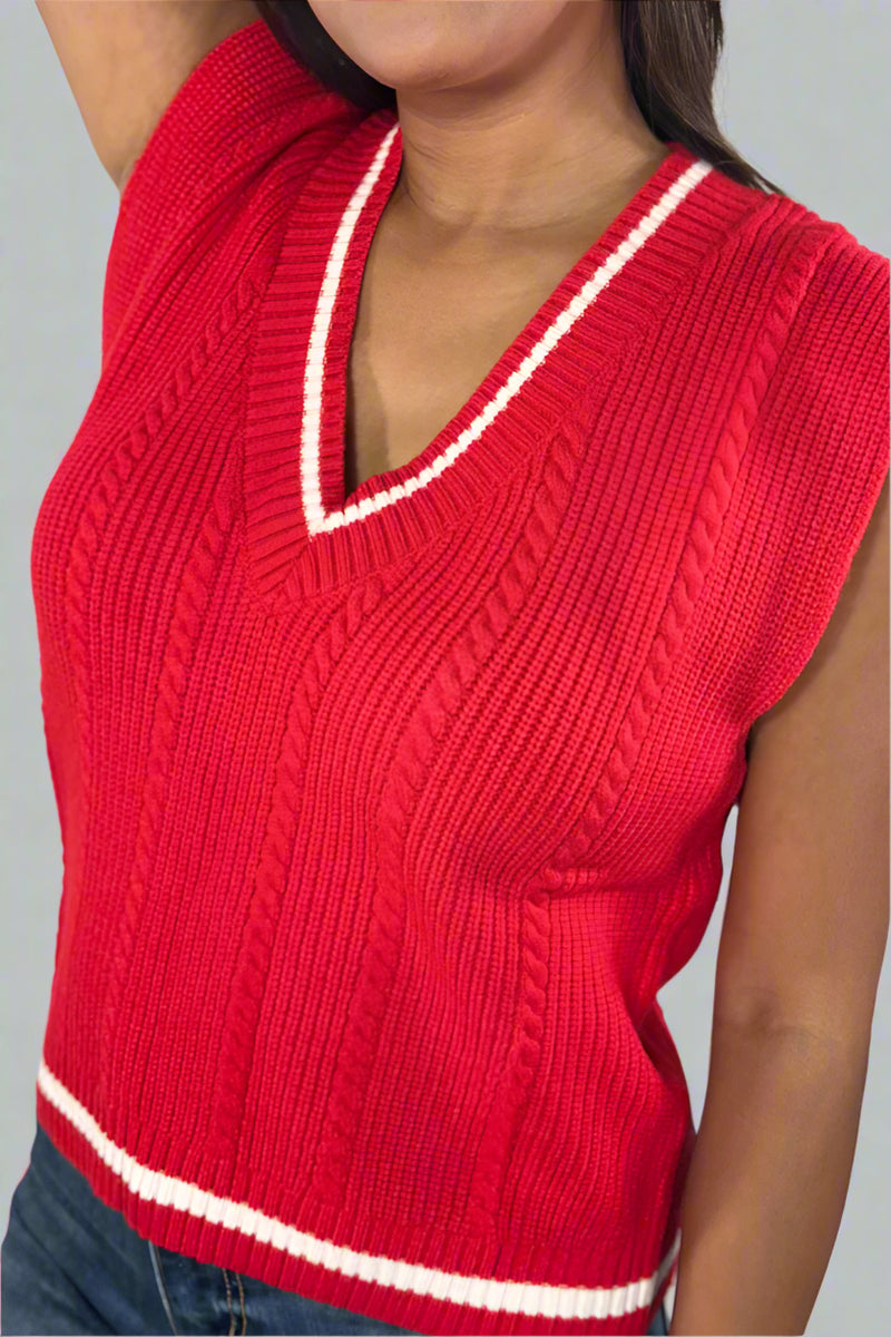 Cable Knit Sweater Vest - Red