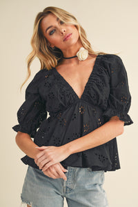 Hazle Eyelet Embroidered Top - Black
