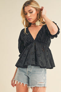 Hazle Eyelet Embroidered Top - Black