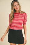 Striped Pointelle Puff Sleeve Sweater - Red