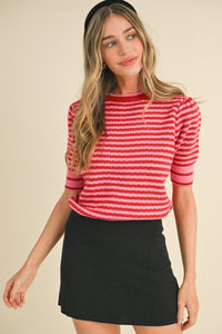 Striped Pointelle Puff Sleeve Sweater - Red