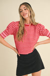 Striped Pointelle Puff Sleeve Sweater - Red