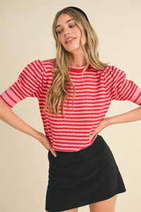 Striped Pointelle Puff Sleeve Sweater - Red