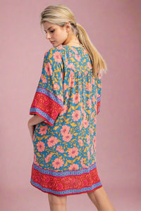 Border Printed Challis Dress - Teal